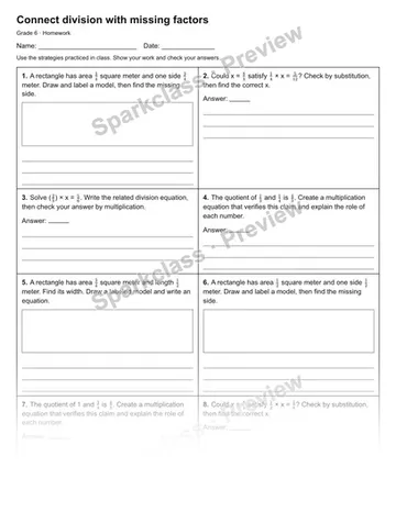 Connect division with missing factors — Homework — Grade 6 worksheet preview