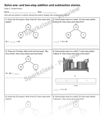 Solve one- and two-step addition and subtraction stories. — Guided Practice — Grade 2 worksheet preview