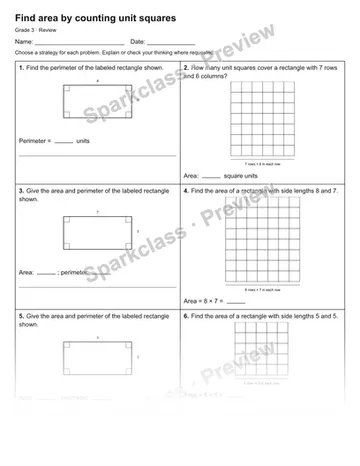 Find area by counting unit squares — Review — Grade 3 worksheet preview