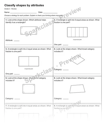 Classify shapes by attributes — Review — Grade 3 worksheet preview
