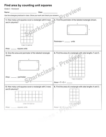 Find area by counting unit squares — Homework — Grade 3 worksheet preview