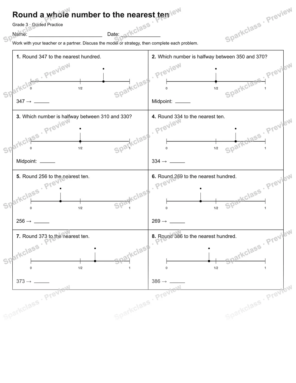 Round a whole number to the nearest ten — Guided Practice — page 1