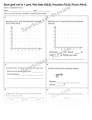 Each grid unit is 1 yard. Plot Gate G(0,0), Fountain F(2,4), Picnic P(6,4). — Independent Practice — Grade 5 worksheet preview