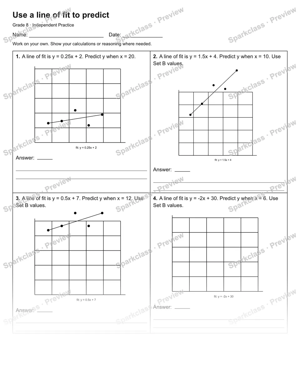 Use a line of fit to predict — Independent Practice — page 1