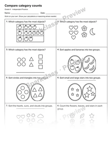 Compare category counts — Independent Practice — Kindergarten worksheet preview