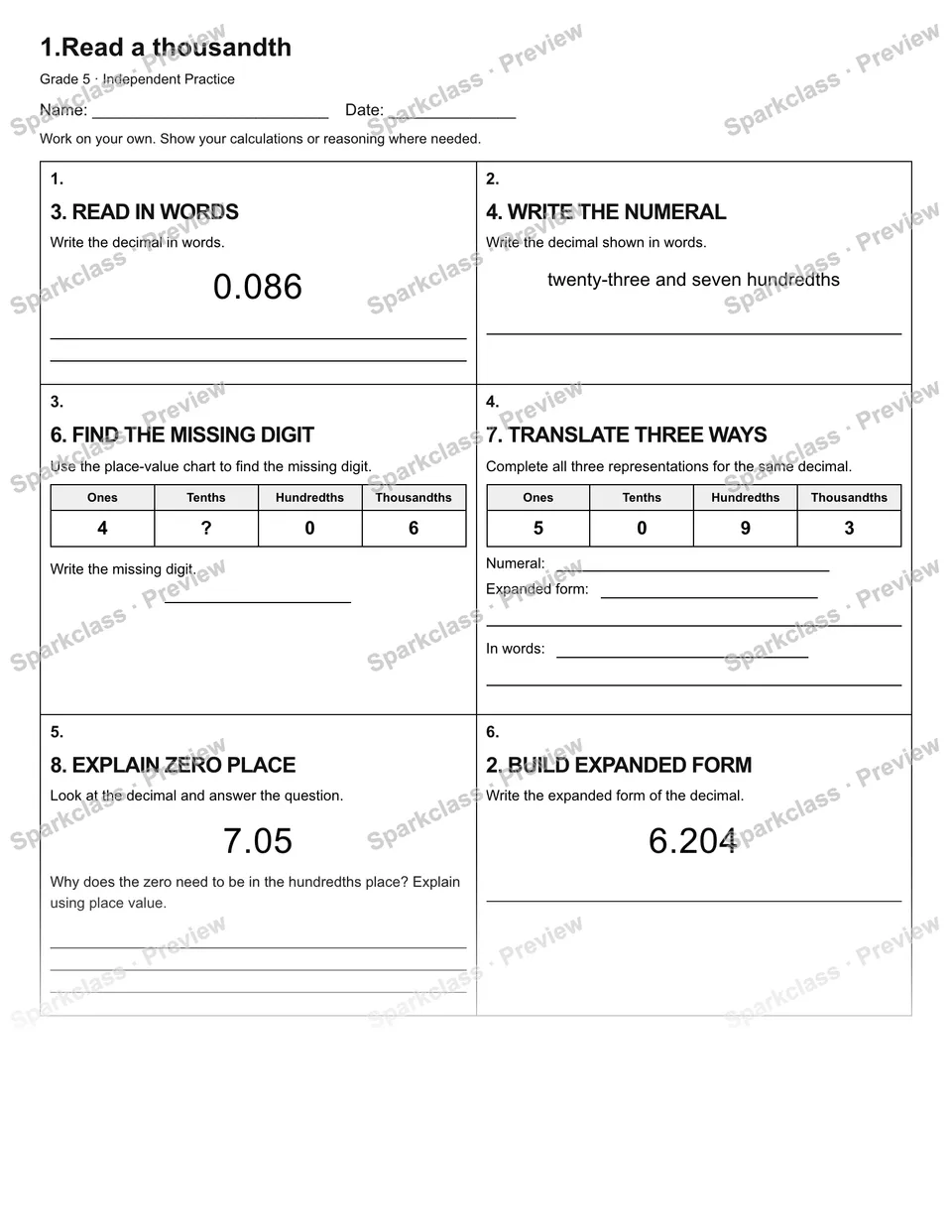 1.Read a thousandth — Independent Practice — page 1