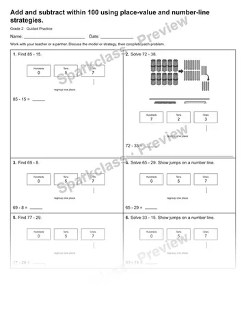 Add and subtract within 100 using place-value and number-line strategies. — Guided Practice — Grade 2 worksheet preview