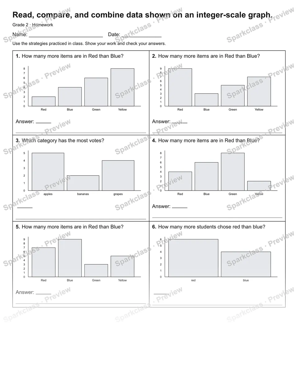 Read, compare, and combine data shown on an integer-scale graph. — Homework — page 1