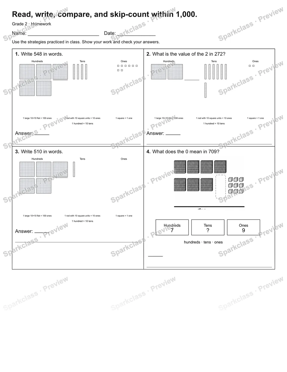 Read, write, compare, and skip-count within 1,000. — Homework — page 1