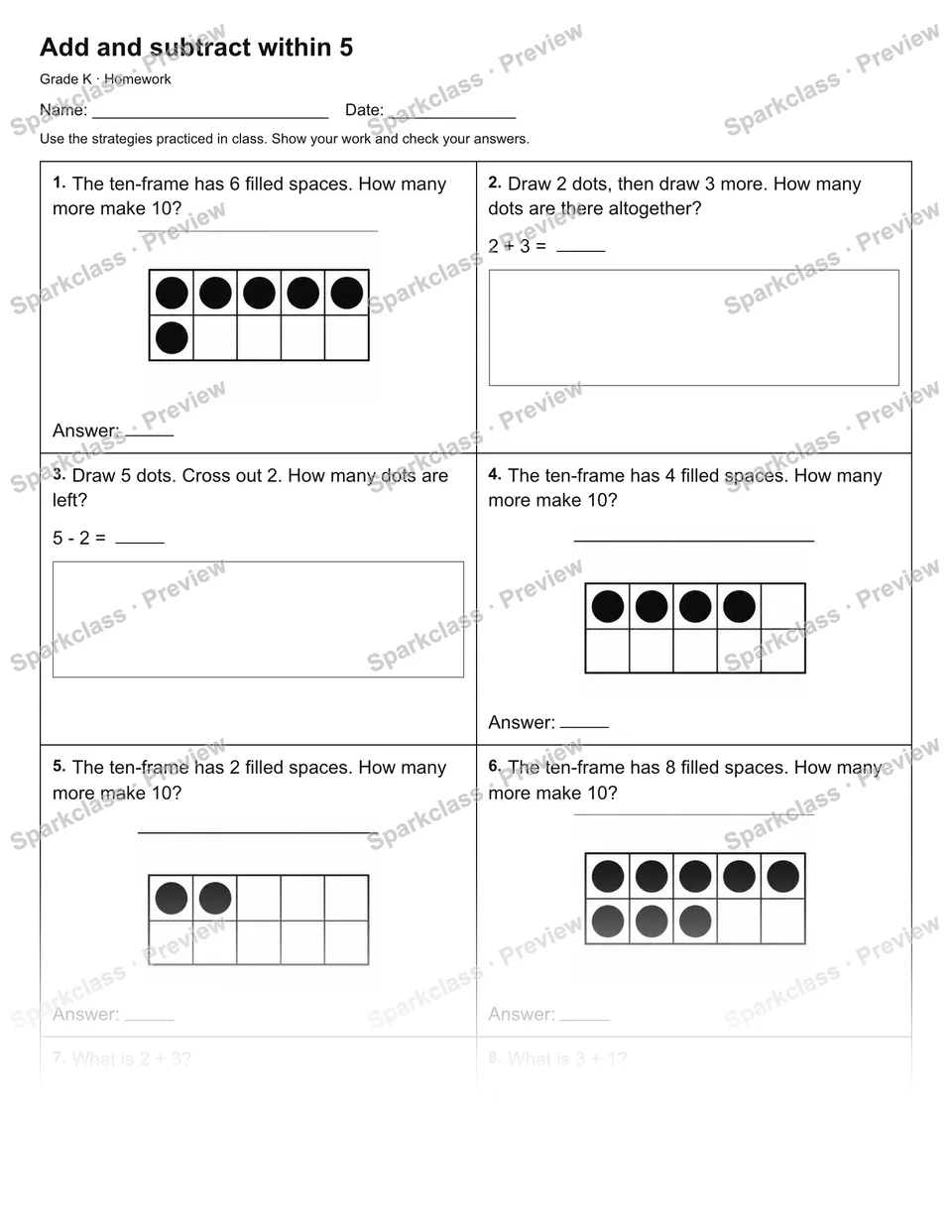 Add and subtract within 5 — Homework — page 1