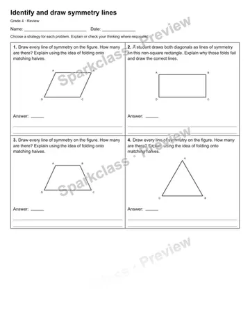 Identify and draw symmetry lines — Review — Grade 4 worksheet preview