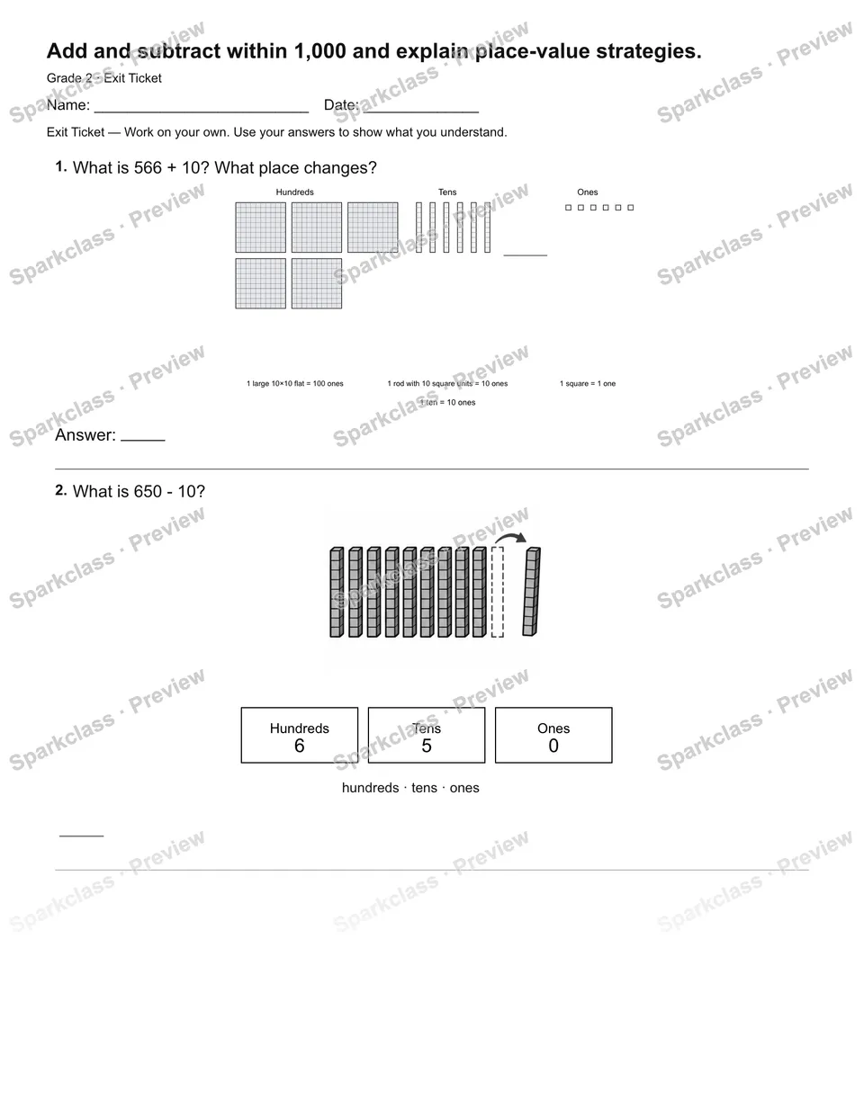 Add and subtract within 1,000 and explain place-value strategies. — Exit Ticket — page 1