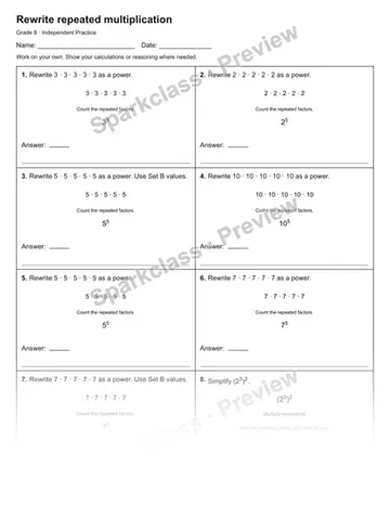 Rewrite repeated multiplication — Independent Practice — Grade 8 worksheet preview