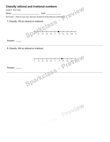 Classify rational and irrational numbers — Exit Ticket — Grade 8 worksheet preview