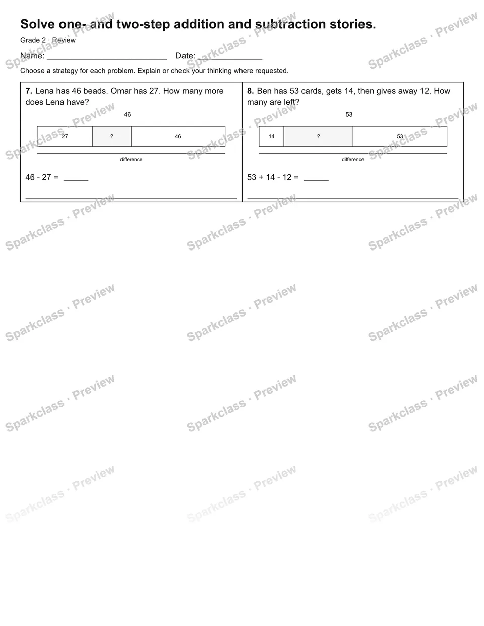 Solve one- and two-step addition and subtraction stories. — Review — page 2