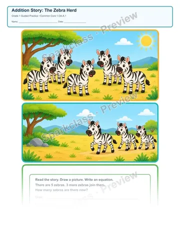 Addition Story: The Zebra Herd — Grade 1 worksheet preview