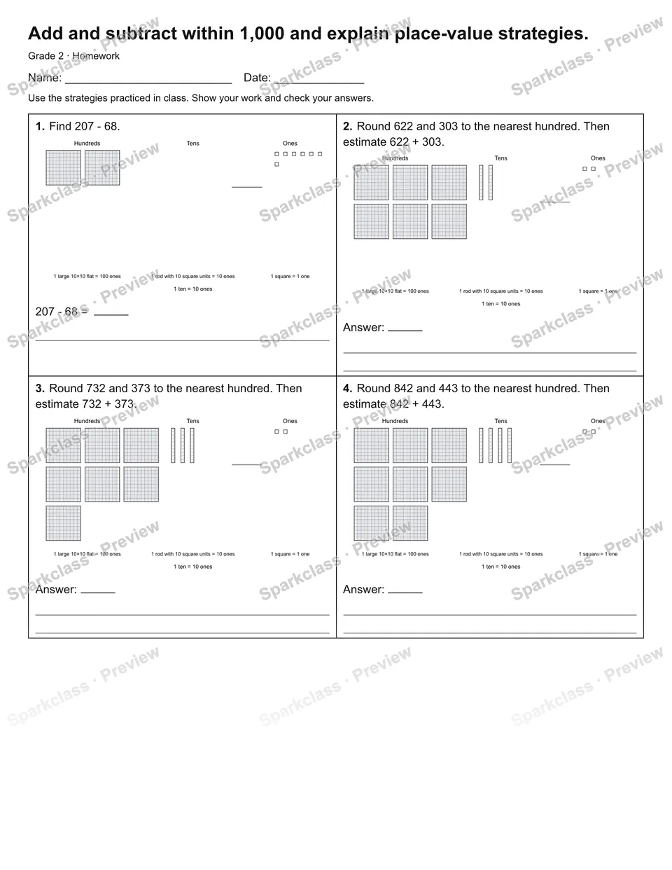 Add and subtract within 1,000 and explain place-value strategies. — Homework — page 1