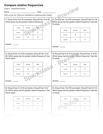Compare relative frequencies — Independent Practice — Grade 8 worksheet preview