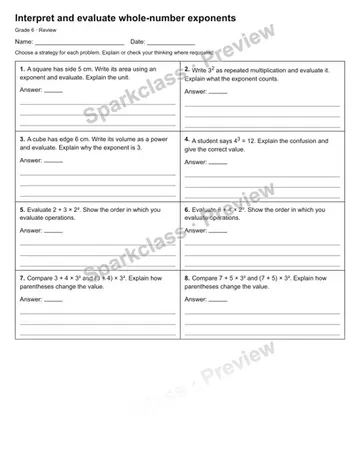 Interpret and evaluate whole-number exponents — Review — Grade 6 worksheet preview
