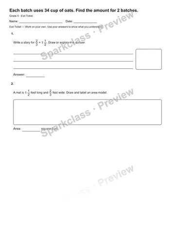 Each batch uses 34 cup of oats. Find the amount for 2 batches. — Exit Ticket — Grade 5 worksheet preview