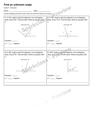 Find an unknown angle — Homework — Grade 4 worksheet preview