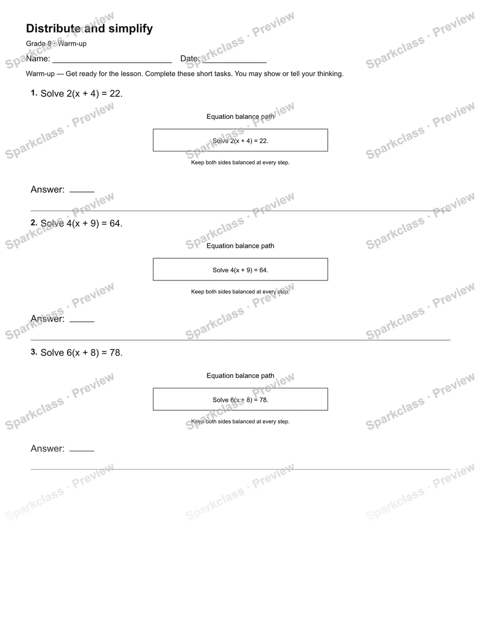 Distribute and simplify — Warm-up — page 1
