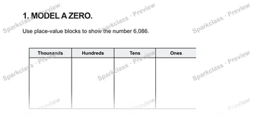 1. MODEL A ZERO. Use place-value blocks to show the number 6,086. Thousands Hundreds Tens Ones — Grade 5 problem preview