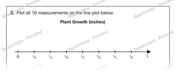 2. Plot all 10 measurements on the line plot below. Plant Growth (inches) 0 1 / 8 1 / 4 3 / 8 1 / 2 5 / 8 3 / 4 7 / 8 1 — Grade 5 problem preview