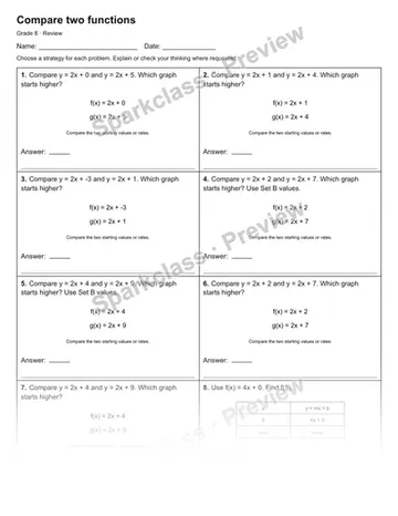 Compare two functions — Review — Grade 8 worksheet preview