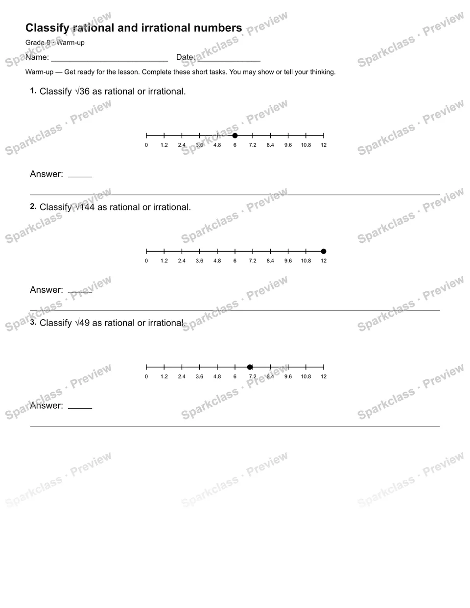 Classify rational and irrational numbers — Warm-up — page 1