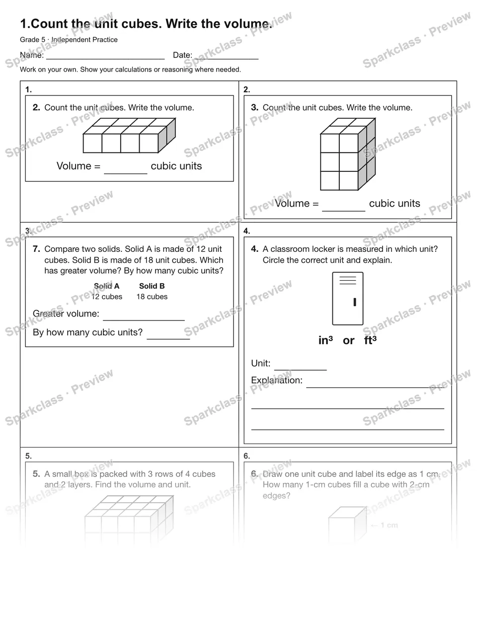 1.Count the unit cubes. Write the volume. — Independent Practice — page 1