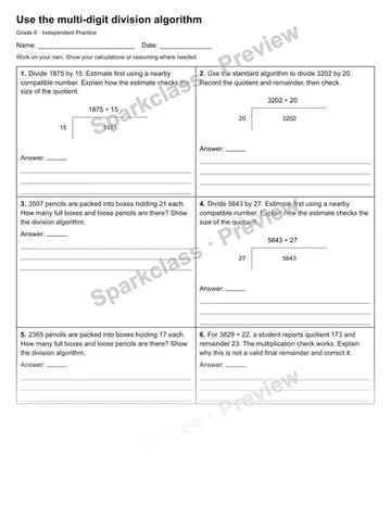 Use the multi-digit division algorithm — Independent Practice — Grade 6 worksheet preview