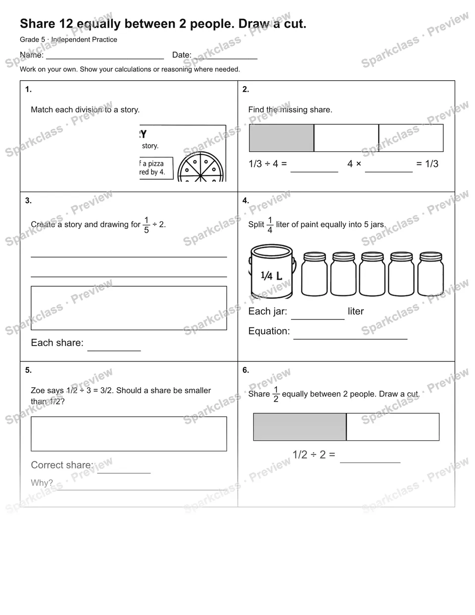 Share 12 equally between 2 people. Draw a cut. — Independent Practice — page 1