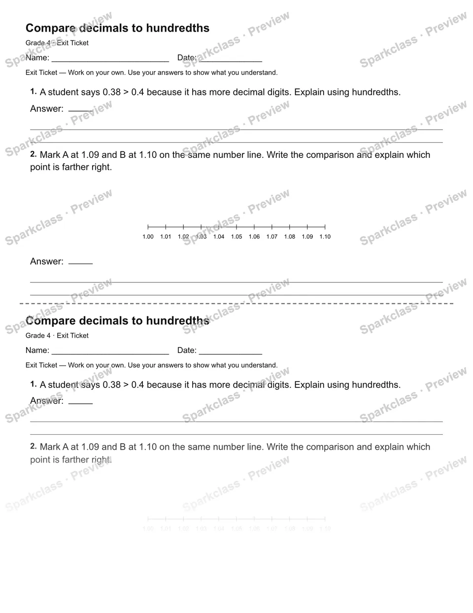 Compare decimals to hundredths — Exit Ticket — page 1