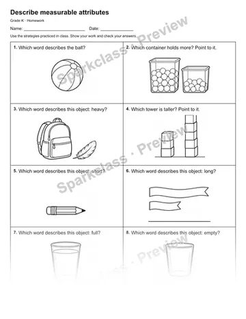 Describe measurable attributes — Homework — Kindergarten worksheet preview