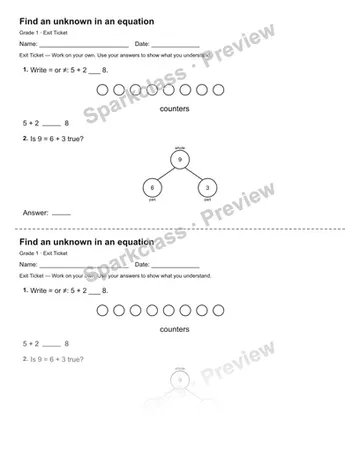 Find an unknown in an equation — Exit Ticket — Grade 1 worksheet preview