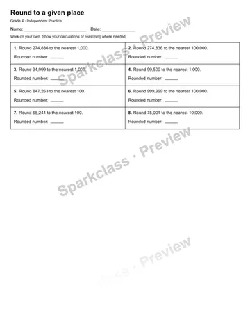 Round to a given place — Independent Practice — Grade 4 worksheet preview