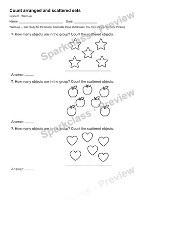 Count arranged and scattered sets — Warm-up — Kindergarten worksheet preview