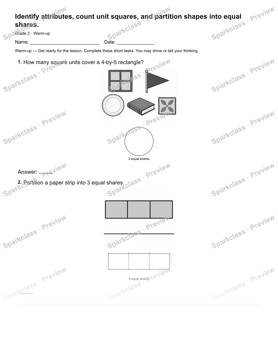 Identify attributes, count unit squares, and partition shapes into equal shares. — Warm-up — page 2