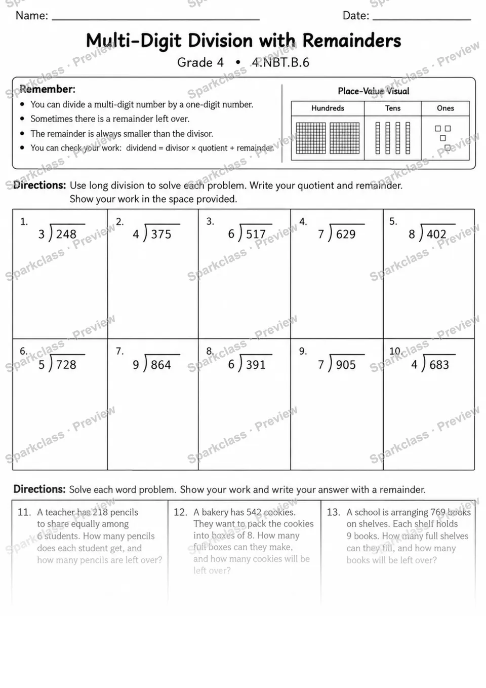 Multi-Digit Division and Remainders — page 1