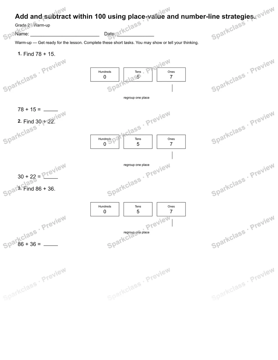 Add and subtract within 100 using place-value and number-line strategies. — Warm-up — page 1