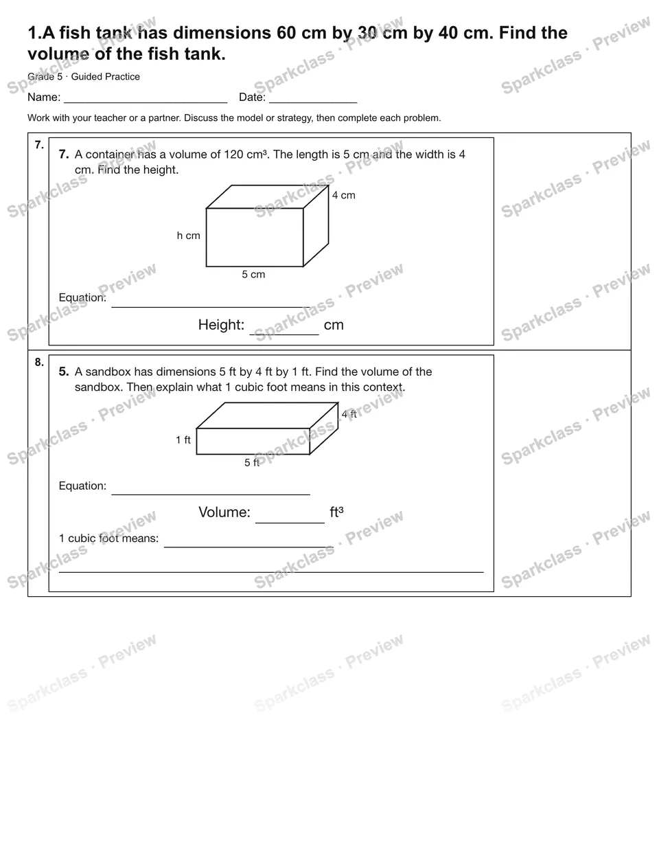 1.A fish tank has dimensions 60 cm by 30 cm by 40 cm. Find the volume of the fish tank. — Guided Practice — page 3
