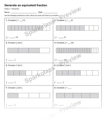 Generate an equivalent fraction — Homework — Grade 3 worksheet preview