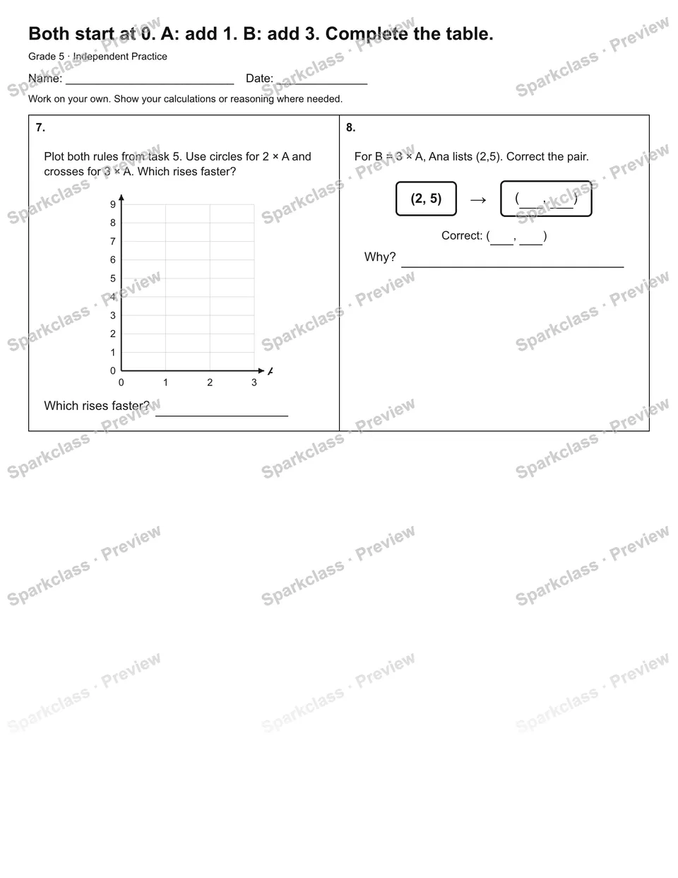 Both start at 0. A: add 1. B: add 3. Complete the table. — Independent Practice — page 2