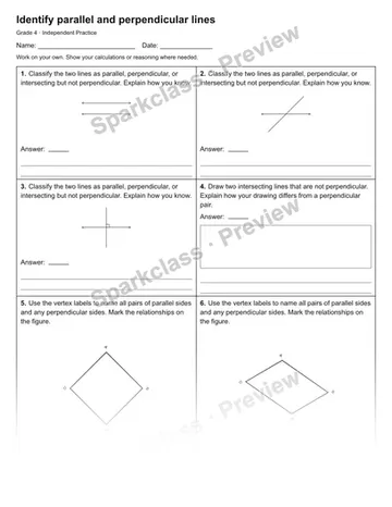 Identify parallel and perpendicular lines — Independent Practice — Grade 4 worksheet preview