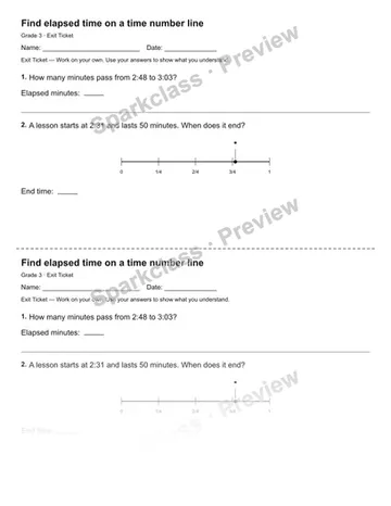 Find elapsed time on a time number line — Exit Ticket — Grade 3 worksheet preview