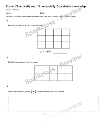Shade 1/2 vertically and 1/3 horizontally. Crosshatch the overlap. — Warm-up — Grade 5 worksheet preview