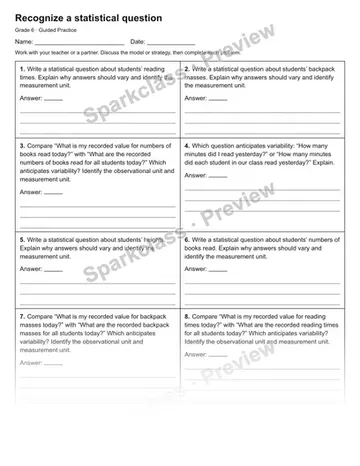 Recognize a statistical question — Guided Practice — Grade 6 worksheet preview