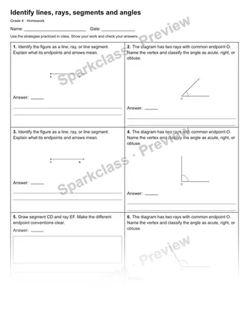 Identify lines, rays, segments and angles — Homework — Grade 4 worksheet preview