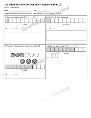 Use addition and subtraction strategies within 20. — Guided Practice — Grade 2 worksheet preview